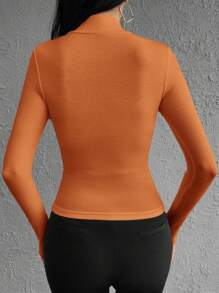 EURMUSE Mock Neck Ribbed Knit Tee - Orange - View 2