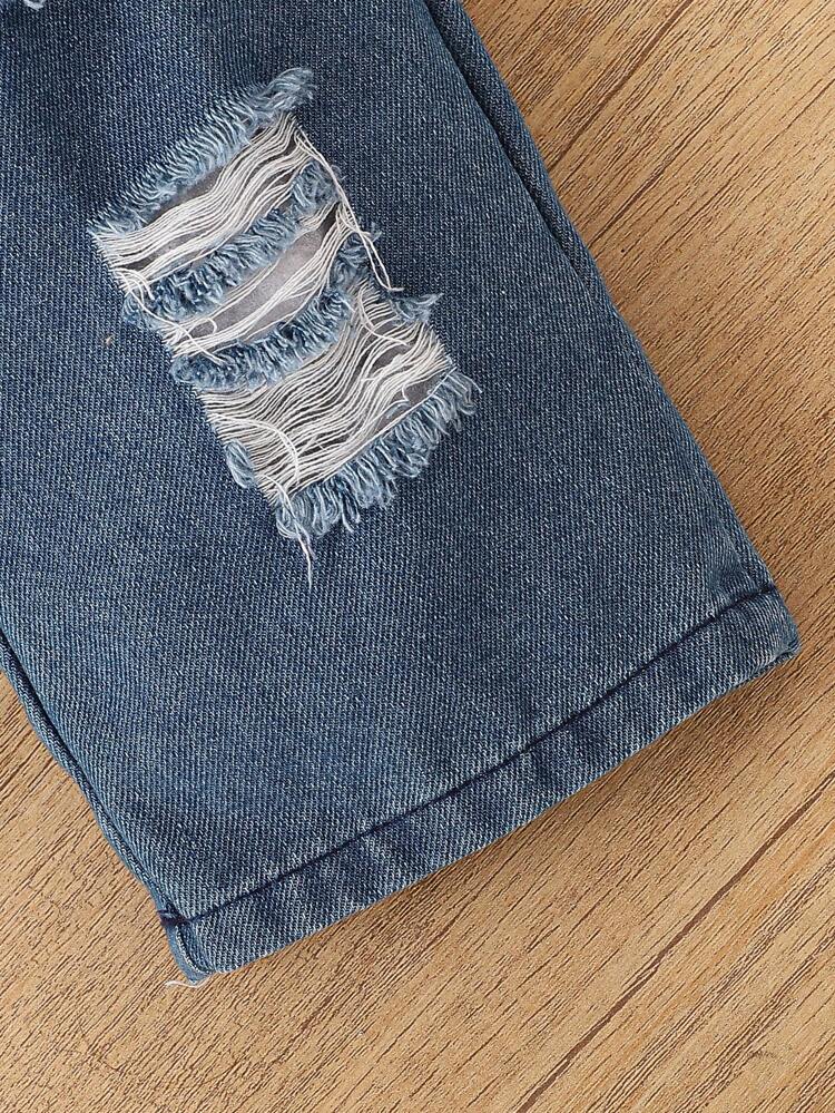 New Summer Casual Fashion Street Style Baby Girls' Cow Printed Distressed Denim Pants With Belt And Printed Flare Sleeve Top Featuring English Letters