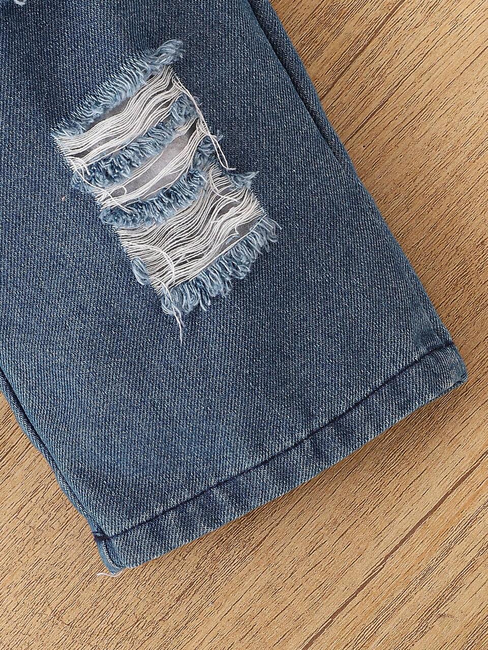 New Summer Casual Fashion Street Style Baby Girls' Cow Printed Distressed Denim Pants With Belt And Printed Flare Sleeve Top Featuring English Letters