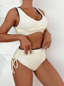 SHEIN Swim Conjunto de biquíni sexy feminino com acabamento floral para praia no verão - Branco - Ver 4