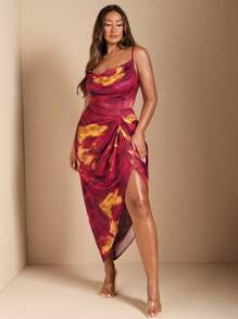 SHEIN BAE 女士加大夏季常规/节日/约会/派对 V 领开衩拼色扎染印花连衣裙，女士生日礼服 - 紅色 - 查看 4