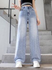 SHEIN 青少女休閒蝴蝶印花直腳牛仔褲，水洗工藝 - 淺色水洗藍 - 查看 2