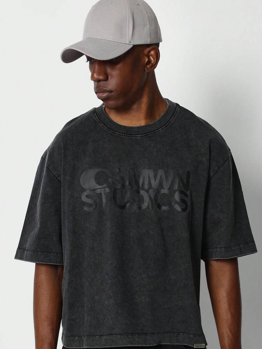 SUMWON Crop Fit Washed Tee With Front Graphic Print - Black - View 1
