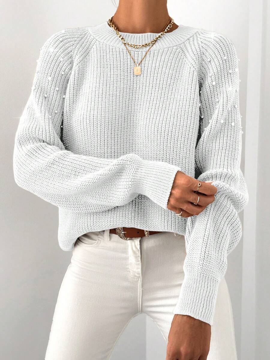 EURMUSE Jersey De Manga Larga Raglán Para Mujer Decorado Con Perlas - Blanco - Ver 1