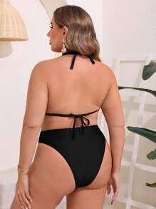 SHEIN Swim Curve 大尺碼夏季海灘純色透明網紗分割泳裝裙 - 黑色 - 查看 3