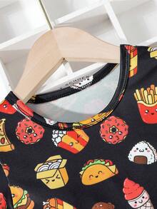 Vestido cómodo de manga corta con estampado de patatas fritas y hamburguesa de dibujos animados para niña joven junto con bolsa, adecuado para salidas y vacaciones de verano - Negro - Ver 4