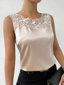 EMERY ROSE Women's Sleeveless Satin Patchwork Lace Blouse,Sleeveless Tops