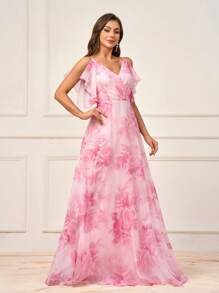 SHEIN Belle Women's Pink Elegant Spring Wedding Formal Bridesmaid Dress, Large Flower Print Ultra-Soft Gauze,Pleated V-Neck Asymmetrical Ruffle Sleeves - Pink - View 3