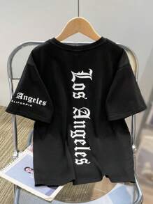 Tween Bé Trai Casual Dạo Phố Casual Fit Cổ Tròn Tay Ngắn Đan Áo Phông In Chữ Họa Tiết - màu đen - Xem 1