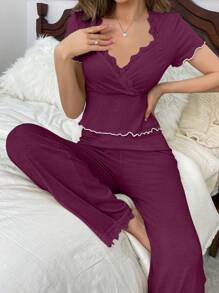 Women's Solid Color Simple Daily Short Sleeve Top And Long Pants Pajama Set - Burgundy - View 4