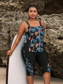 Swim SPRTY Plus Size Summer Tropical Print Patchwork Tankini Set For Beach - Black - View 3