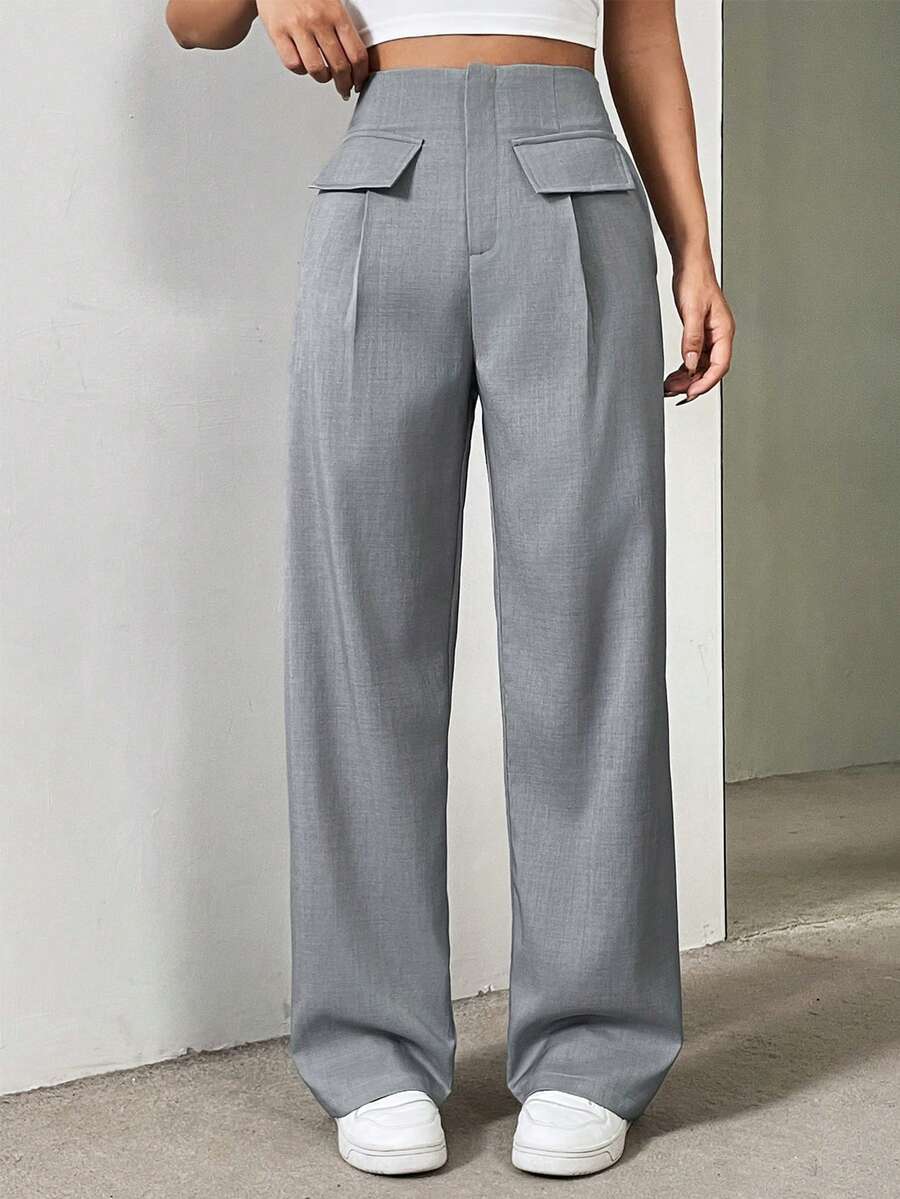 SHEIN Privé Quần dài có túi màu trơn đơn giản và thanh lịch cho nữ - Xám - Xem 1