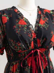 Soleia Black Base With Red Rose Floral V-Neck Tie Waist A-Line Romantic Casual Holiday Plus Size A-Line Dress - Multicolor - View 4