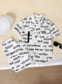 SHEIN Tween男童加大碼全印花英文字母立領短袖鈕扣恤衫和短褲套裝，夏季 - 白色 - 查看 3