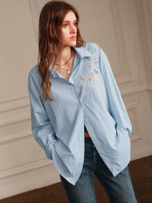 Anewsta Blue Striped Casual Casual Hollow Out Burnt-Out Embroidery Turn-Down Collar Long Sleeve Shirt