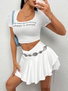 SHEIN PETITE 運動基本v字腰泳裙打底褲 - 白色 - 查看 7