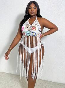 Plus Size Crochet Beach Cover Up With Fringe Hem, Open Back And Neck Tie For Summer - Multicolor - View 4