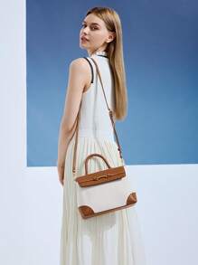 MOTF PREMIUM LADIES FASHION METAL BAMBOO ACCENT TWO TONE FLAP TOP HANDLE BAG, BAG FOR WOMEN ELEGANT, LUXURY - Brown - View 9