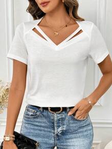 SHEIN Clasi Comfortable Short Sleeve T-Shirt With Hollowed-Out Collar For Summer White Top - White - View 1