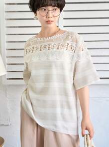 FRIFUL Women's Simple Solid Color Daily Lace Decorated Blouse - Apricot - View 1