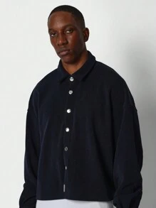 SUMWON Crop Fit Corduroy Button Through Shirt - Blue - View 3