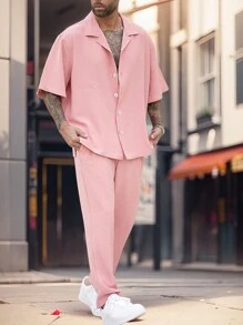 Set estivo casual uomo con camicia e pantaloni a maniche corte e colore unito, ampi e alla moda - Rosa - Visualizzare 3