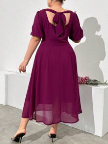 Modelyn Plus Size Solid Color Square Neckline Ruffle Sleeve Pleated Party Dress