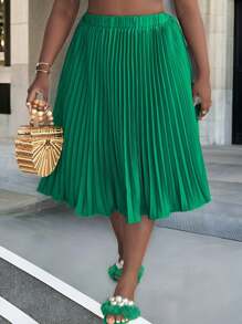 Slaydiva Elegant Elastic Waist Dark Green Pleated Large-Footed Extra-Long Wide-Leg Pants For Plus Women - Green - View 1