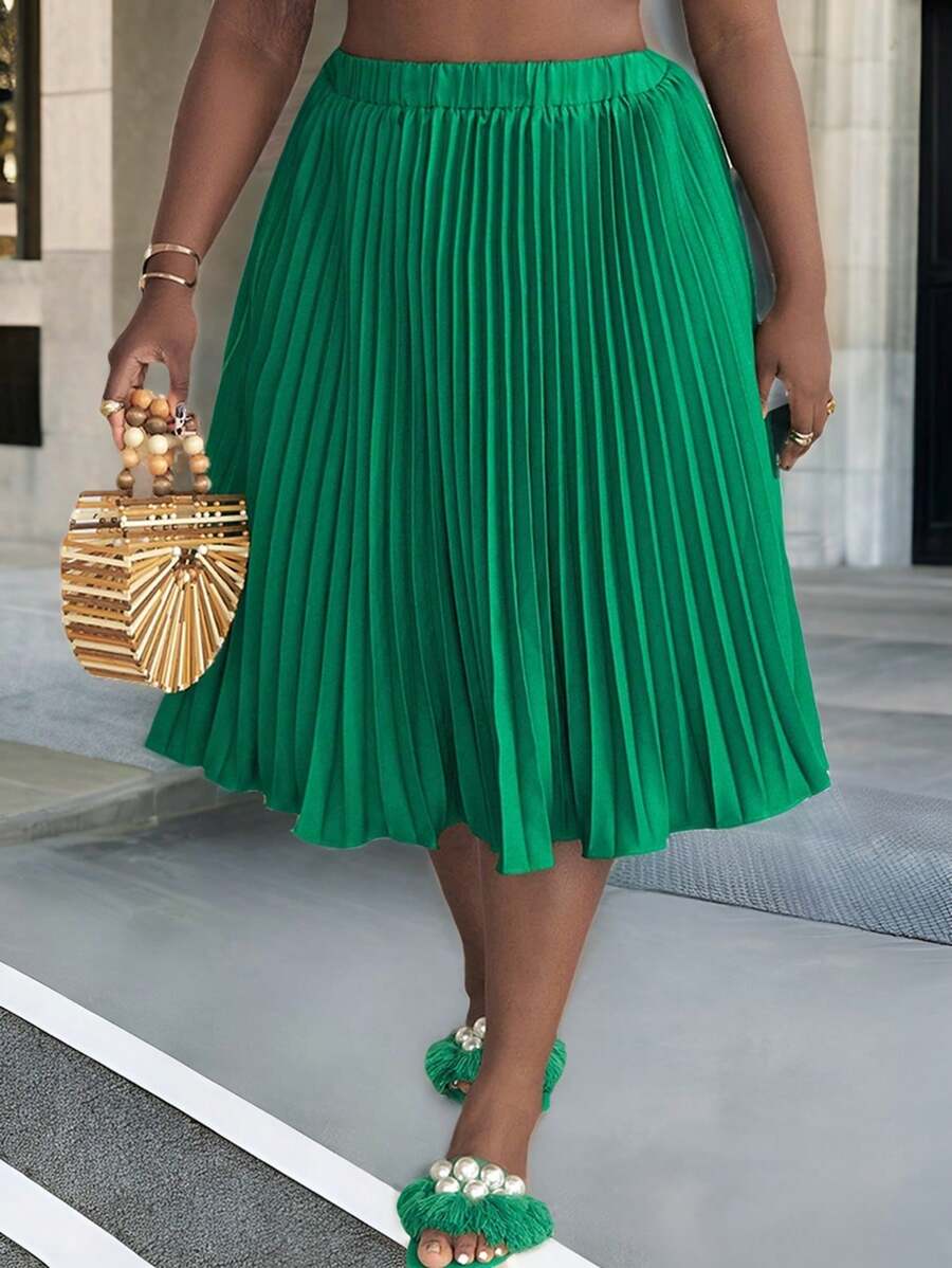 Slaydiva Elegant Elastic Waist Dark Green Pleated Large-Footed Extra-Long Wide-Leg Pants For Plus Women - Green - View 1