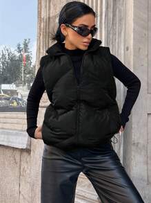 EURMUSE 1 Casaco Acolchoado Feminino Com Zíper Frontal E Bolsos Laterais - Preto - Ver 4