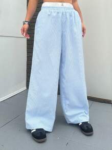 Flirla Plus Size Women's Elastic Waist Blue And White Striped Patchwork Pants - Blue and White - View 8