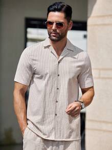 GENTILAND Men's Regular Fit Woven Striped Short Sleeve Shirt With Mandarin Collar, Suitable For Daily Wear In Spring And Summer - Multicolor - View 5