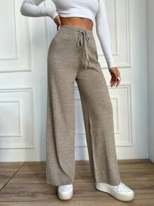 EURMUSE Drawstring Waist Ribbed Knit Pants - Khaki - View 5