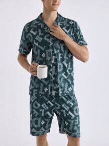 Men's Hyper All Over Print Lapel Button Front Pajama Set With Bermuda Shorts Loungewear - Multicolor - View 7