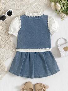 3pcs Fashionable Baby Girls' Puff Sleeve Shirt And Embroidered Denim Top, Simple Denim Pleated Skirt - Navy Blue - View 2