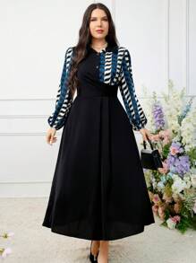 Modelyn Plus Size Women's Stylish Printed Long Sleeve Patchwork Dress