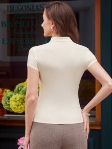 Vintamour 复古优雅女式T恤，春夏修身针织锁眼镂空小立领短袖上衣，浅杏色，休闲/通勤/度假返校服教师服衬衫秋装演唱会女装校服外出上衣上衣老款美学女士上衣修身T恤 - 杏色 - 查看 7