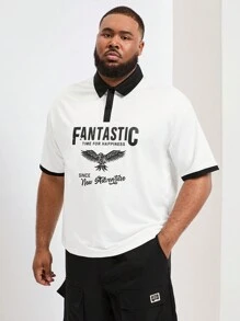 Manfinity Homme Men's Fashionable And Simple Black And White Contrast Color Polo Shirt With Turn-Down Collar, Plus Size - White - View 1