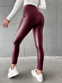 SHEIN Cottnline Women's Zipper Front Stretchy Skinny Pants - Red Violet - View 2