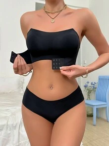 2pcs Summer Clear Straps Strapless Front Closure Push-Up Adhesive Invisible Bra Set - Black - View 4