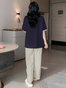 DAZY Bộ đồ mặc nhà in họa tiết khối màu bánh mì thời trang dành cho nữ - Màu xanh hải quân - Xem 2