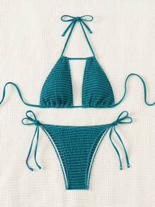 Swim Vcay 女士夏季海灘單色中空露背領帶性感比基尼套裝 - 水鴨藍 - 查看 5