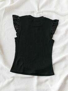 Soleia 女士夏季假日黑色針織紋理編織刺繡上衣，短袖修身版型，圓領 - 黑色 - 查看 3