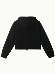 Sweatshirt Hoodie Pendek Wanita Motif Warna Polos dengan Resleting Ganda, Pakaian Luar Musim Dingin Tipis, Musim Gugur, Sweatshirt Resleting Hitam Gaya Y2K, Cocok untuk Pemakaian Sehari-hari dan Kembali ke Sekolah - Hitam - View 4