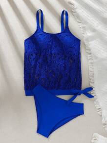Solid Color Spaghetti Strap Tank Top And Side Tie Tankini Bottom Separates Tankini Swimwear Set, Perfect For Beach Pool Wear Summer - Royal Blue - View 4