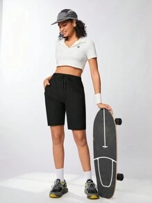 Exploreva Quần short thể thao cạp cao ống đứng cho nữ dùng để chạy bộ và tập luyện Quần short tập thể dục, quần short tập gym, quần short đi xe đạp - màu đen - Xem 3