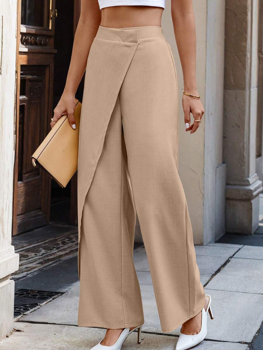 EMERY ROSE 女式休閒通勤交叉前立實色寬腿褲 - 卡其色 - 查看 1
