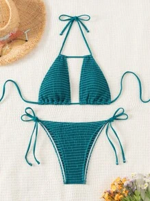 Swim Vcay 女士夏季海灘單色中空露背領帶性感比基尼套裝 - 水鴨藍 - 查看 6