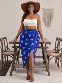 SHEIN VCAY Plus Size Allover Print Wrap Tie Beach Casual Skirt - Multicolor - View 5