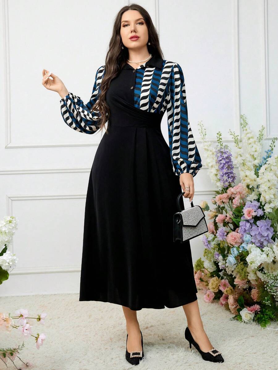 Modelyn Plus Size Women's Stylish Printed Long Sleeve Patchwork Dress